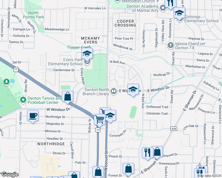 map of restaurants, bars, coffee shops, grocery stores, and more near 125 East Windsor Drive in Denton