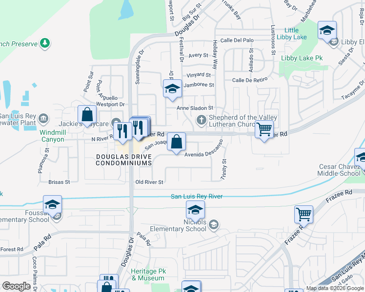 map of restaurants, bars, coffee shops, grocery stores, and more near 4459 San Joaquin Street in Oceanside