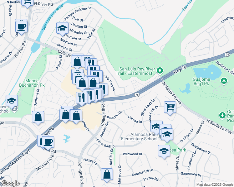 map of restaurants, bars, coffee shops, grocery stores, and more near 5172 Via Portola in Oceanside