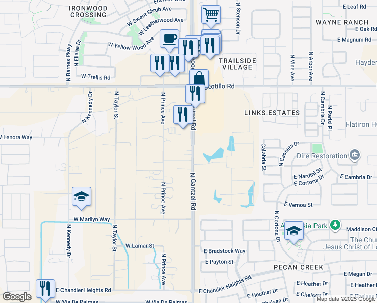 map of restaurants, bars, coffee shops, grocery stores, and more near 40216 North Gantzel Road in Queen Creek