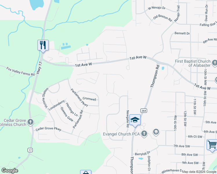 map of restaurants, bars, coffee shops, grocery stores, and more near 112 Norwick Abbye Circle in Alabaster