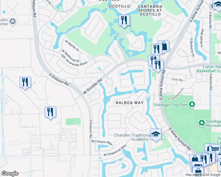 map of restaurants, bars, coffee shops, grocery stores, and more near 1777 West Ocotillo Road in Chandler