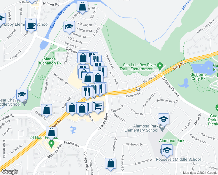 map of restaurants, bars, coffee shops, grocery stores, and more near 369 Via Metates in Oceanside