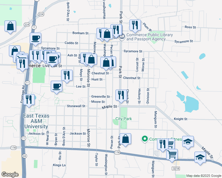 map of restaurants, bars, coffee shops, grocery stores, and more near 1901 Pecan Street in Commerce