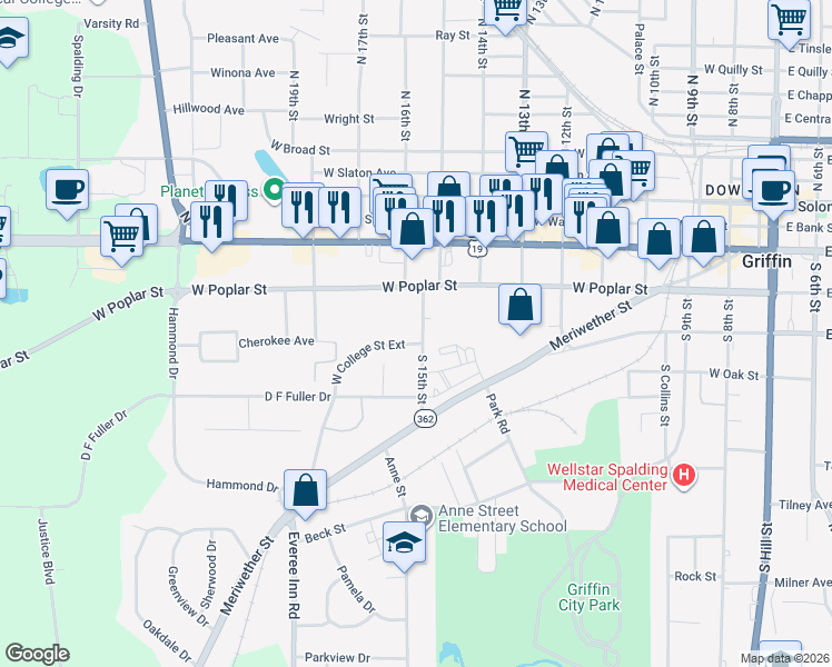 map of restaurants, bars, coffee shops, grocery stores, and more near 339 South 15th Street in Griffin