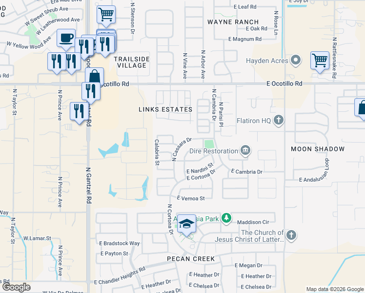 map of restaurants, bars, coffee shops, grocery stores, and more near 40177 North Cassara Drive in San Tan Valley