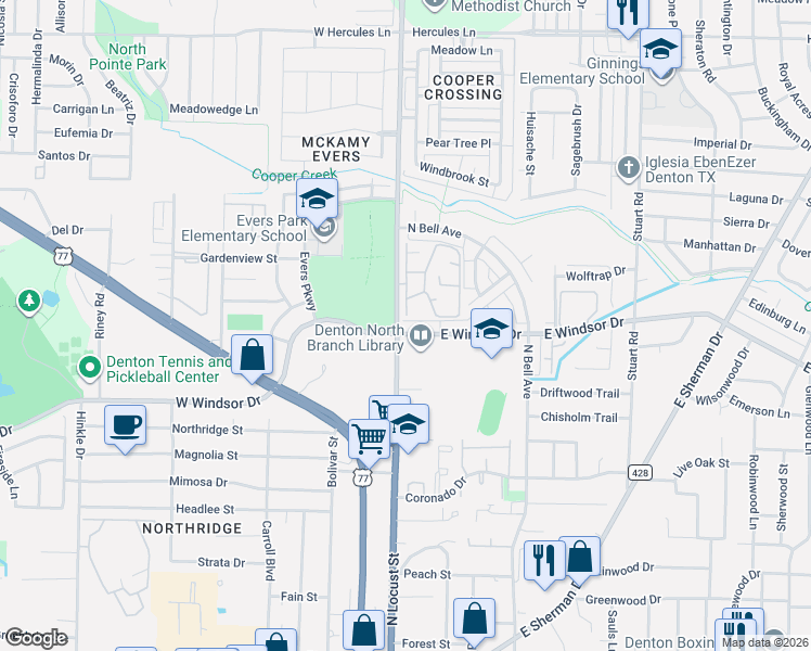 map of restaurants, bars, coffee shops, grocery stores, and more near 125 East Windsor Drive in Denton