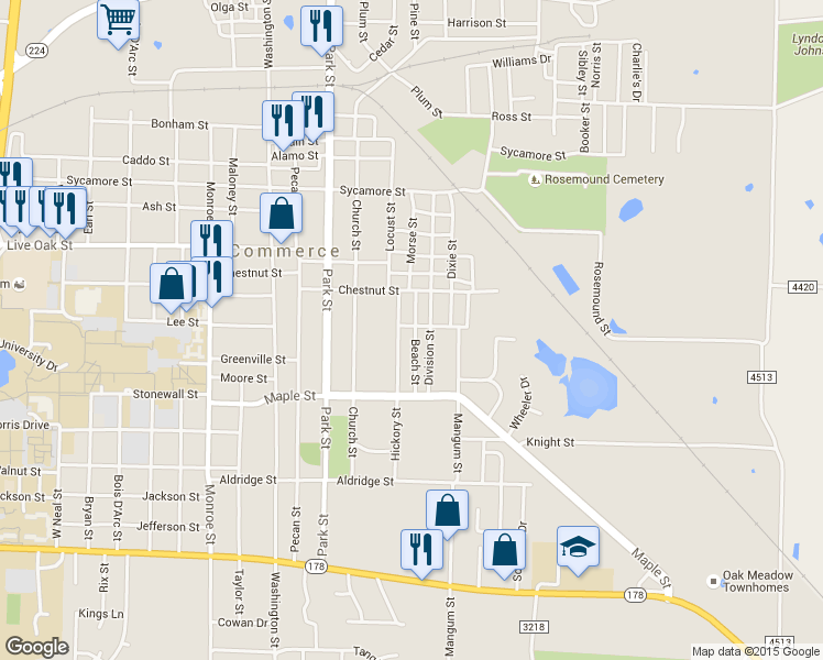 map of restaurants, bars, coffee shops, grocery stores, and more near 1917 Beach St in Commerce
