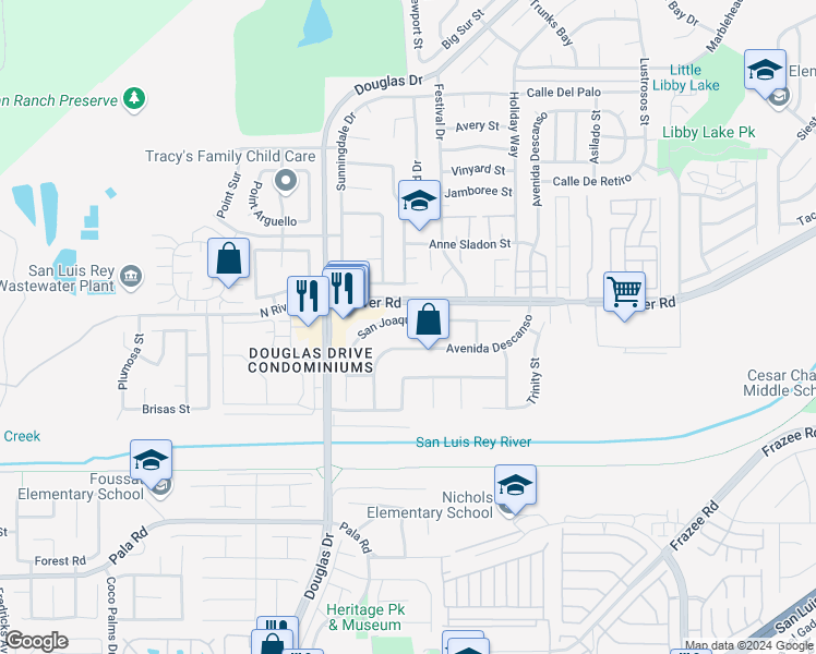 map of restaurants, bars, coffee shops, grocery stores, and more near 4445 San Joaquin Street in Oceanside