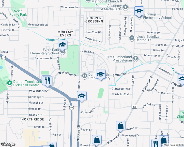 map of restaurants, bars, coffee shops, grocery stores, and more near 217 East Windsor Drive in Denton