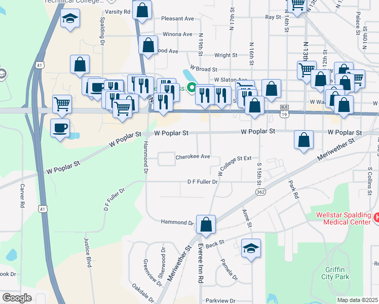 map of restaurants, bars, coffee shops, grocery stores, and more near 1251 Cherokee Avenue in Griffin