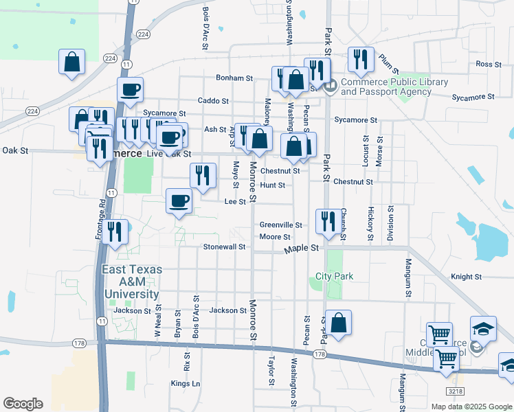 map of restaurants, bars, coffee shops, grocery stores, and more near 1904 Monroe St in Commerce