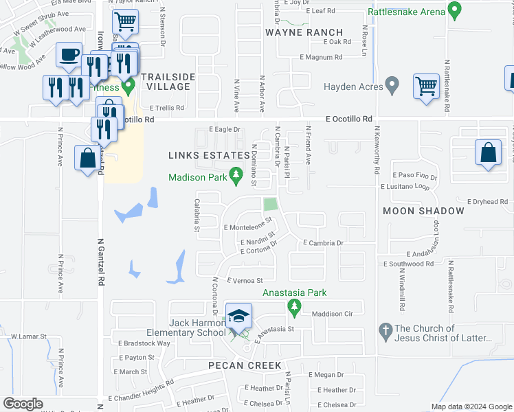 map of restaurants, bars, coffee shops, grocery stores, and more near 40220 North Costa Del Sol Drive in San Tan Valley