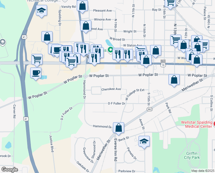 map of restaurants, bars, coffee shops, grocery stores, and more near 1251 Cherokee Avenue in Griffin