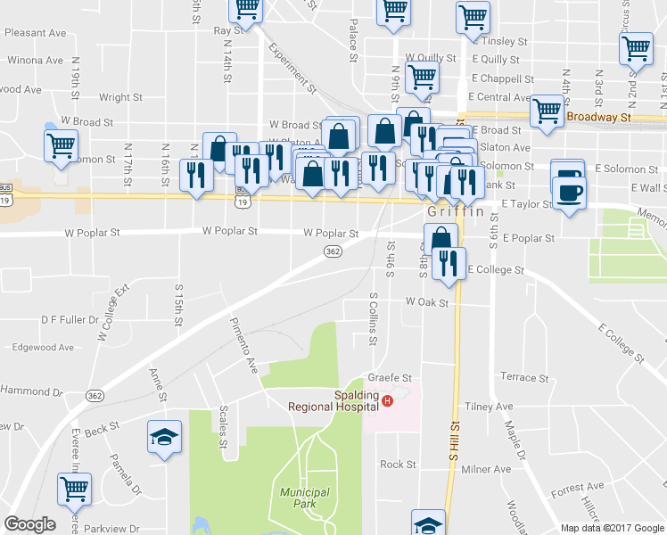 map of restaurants, bars, coffee shops, grocery stores, and more near 425 West College Street in Griffin