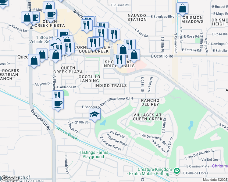 map of restaurants, bars, coffee shops, grocery stores, and more near 21153 East Stonecrest Drive in Queen Creek