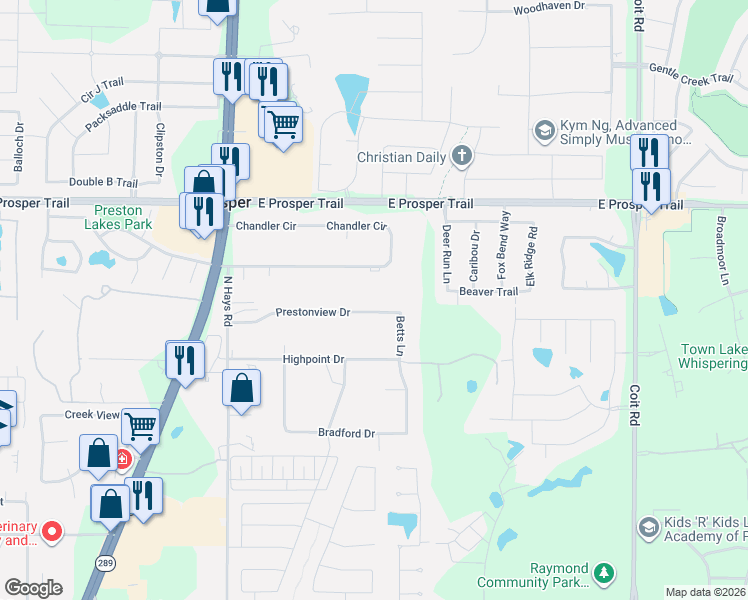 map of restaurants, bars, coffee shops, grocery stores, and more near 8722 Prestonview Drive in Prosper