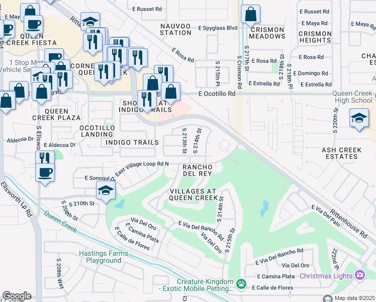map of restaurants, bars, coffee shops, grocery stores, and more near 21278 East Avenida Del Valle in Queen Creek