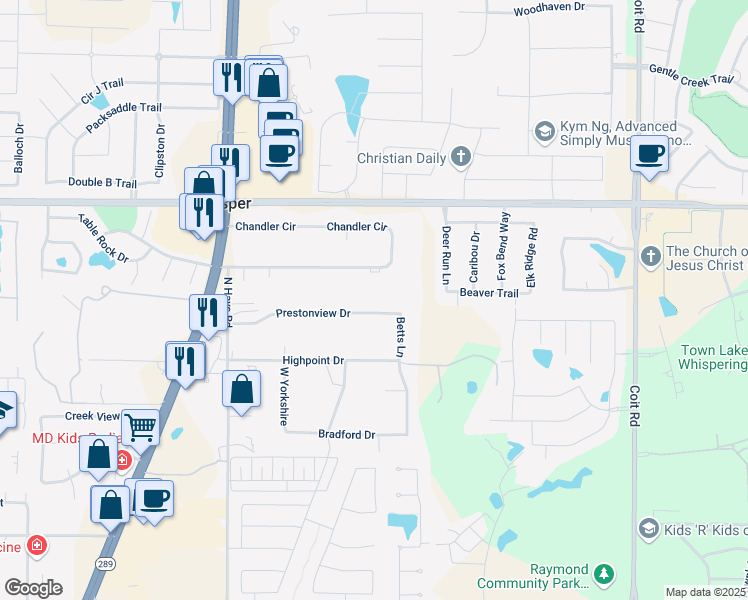 map of restaurants, bars, coffee shops, grocery stores, and more near 8770 Prestonview Drive in Prosper