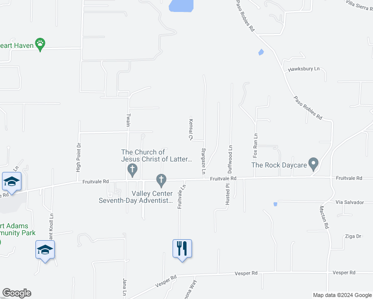 map of restaurants, bars, coffee shops, grocery stores, and more near 15055 Kensal Court in Valley Center