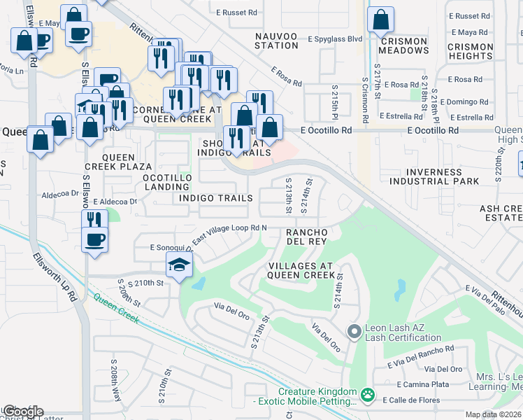 map of restaurants, bars, coffee shops, grocery stores, and more near 18446 East Peachtree Boulevard in Queen Creek