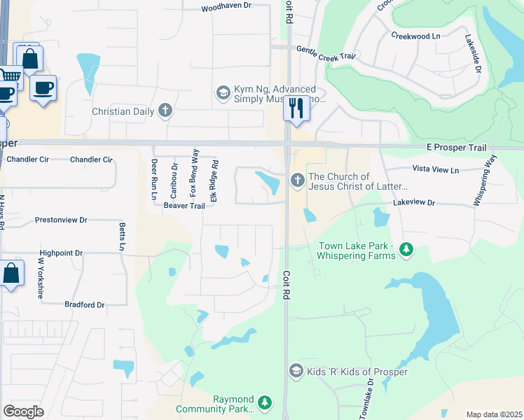 map of restaurants, bars, coffee shops, grocery stores, and more near 2230 Reflection Lane in Prosper