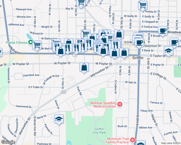 map of restaurants, bars, coffee shops, grocery stores, and more near 617 Meriwether Street in Griffin