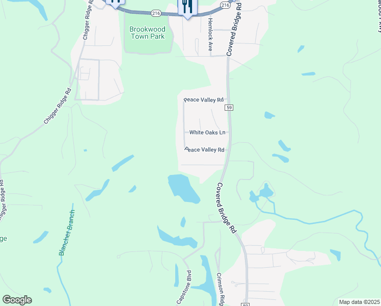 map of restaurants, bars, coffee shops, grocery stores, and more near 15612 Peace Valley Road in Brookwood
