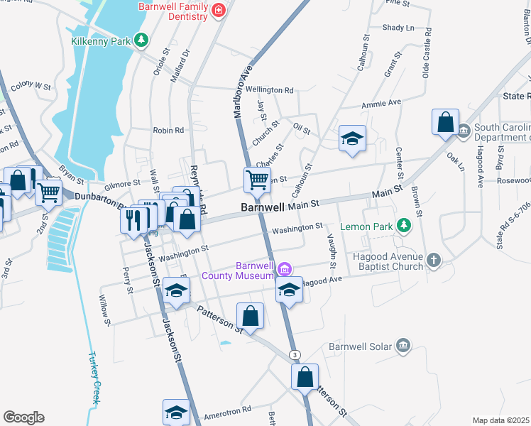 map of restaurants, bars, coffee shops, grocery stores, and more near 516 Main Street in Barnwell