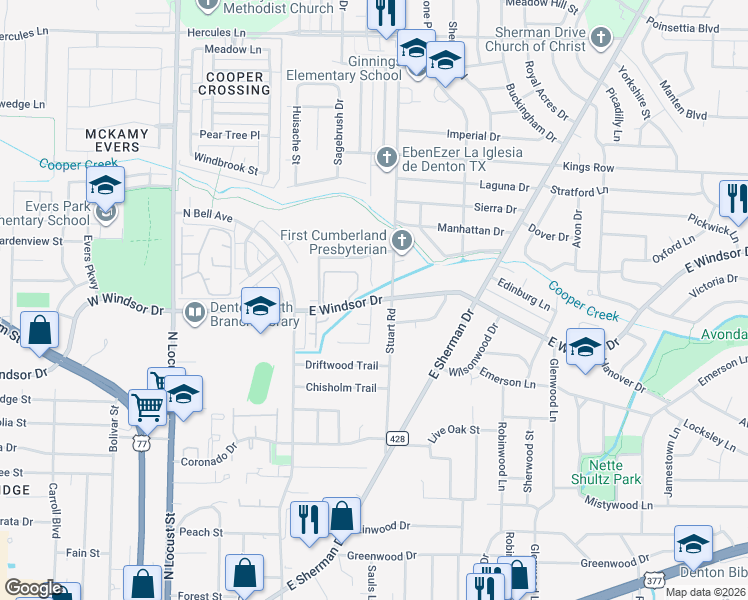 map of restaurants, bars, coffee shops, grocery stores, and more near 621 East Windsor Drive in Denton
