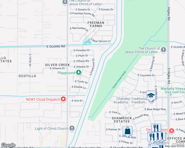 map of restaurants, bars, coffee shops, grocery stores, and more near 5821 South Parkcrest Street in Gilbert