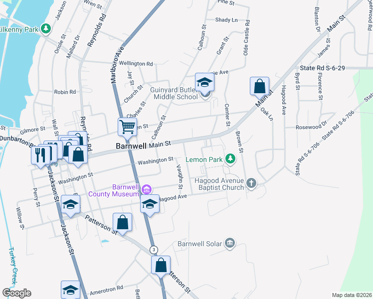 map of restaurants, bars, coffee shops, grocery stores, and more near 47 Carolina Pines Court in Barnwell