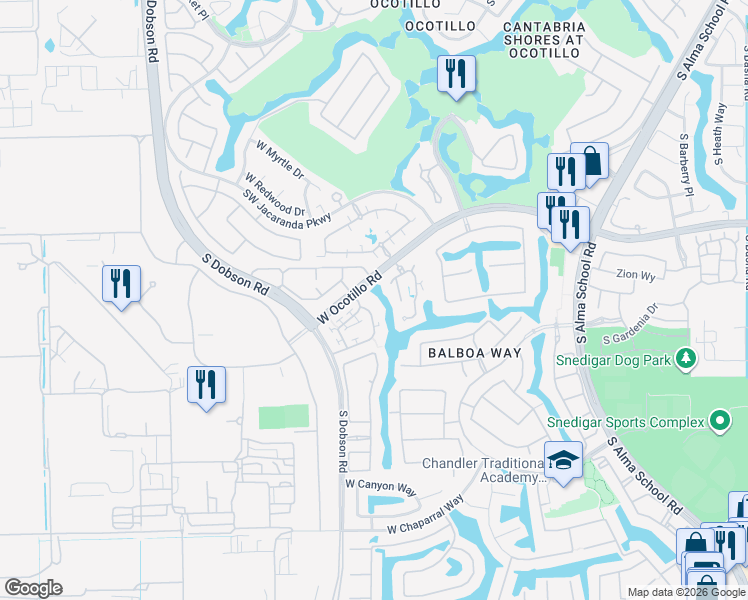 map of restaurants, bars, coffee shops, grocery stores, and more near 4039 South Pecan Drive in Chandler