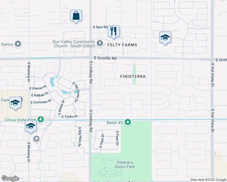 map of restaurants, bars, coffee shops, grocery stores, and more near 4177 East Glacier Place in Chandler