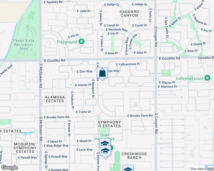 map of restaurants, bars, coffee shops, grocery stores, and more near 1537 East Glacier Place in Chandler