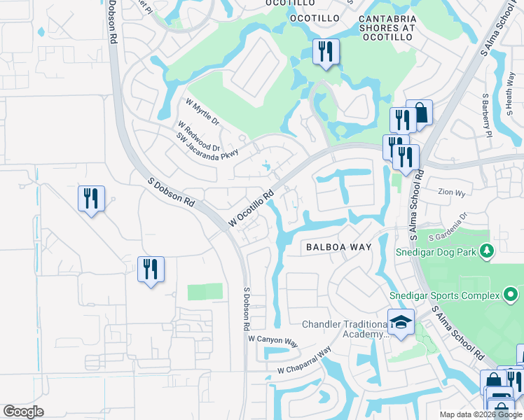 map of restaurants, bars, coffee shops, grocery stores, and more near 4039 South Pecan Drive in Chandler