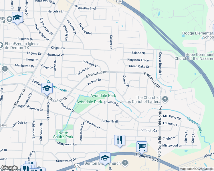 map of restaurants, bars, coffee shops, grocery stores, and more near 1621 Churchill Drive in Denton