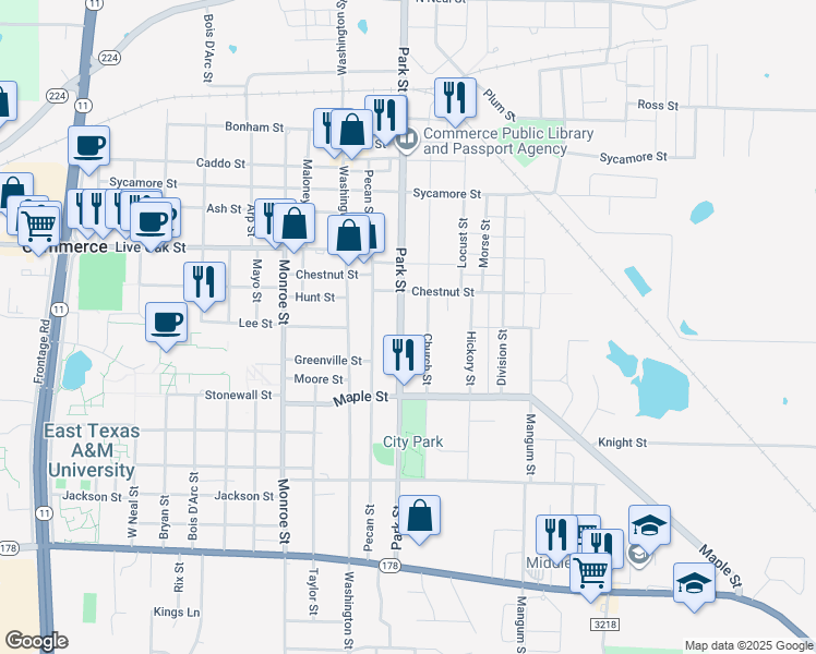 map of restaurants, bars, coffee shops, grocery stores, and more near 1718 Park St in Commerce