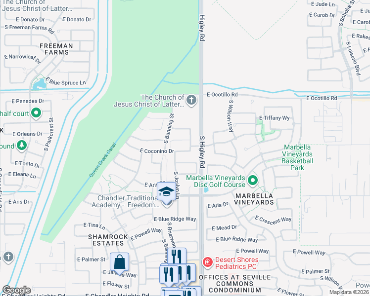map of restaurants, bars, coffee shops, grocery stores, and more near 3136 East Coconino Drive in Gilbert