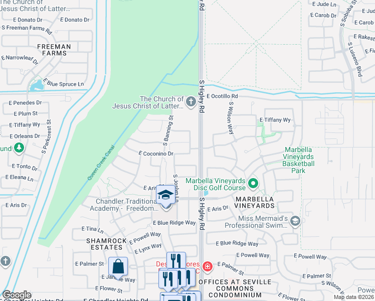 map of restaurants, bars, coffee shops, grocery stores, and more near 3146 East Coconino Drive in Gilbert