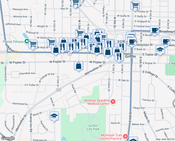 map of restaurants, bars, coffee shops, grocery stores, and more near 332 South 12th Street in Griffin