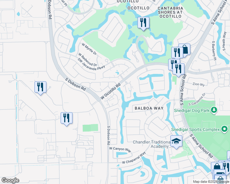 map of restaurants, bars, coffee shops, grocery stores, and more near 4039 South Pecan Drive in Chandler