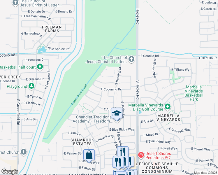 map of restaurants, bars, coffee shops, grocery stores, and more near 3024 Coconino Drive in Gilbert