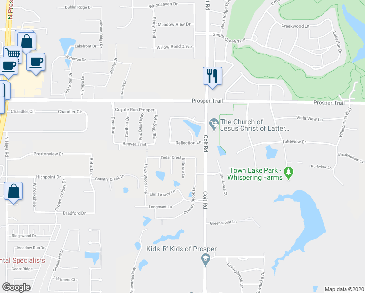 map of restaurants, bars, coffee shops, grocery stores, and more near 2230 Reflection Lane in Prosper