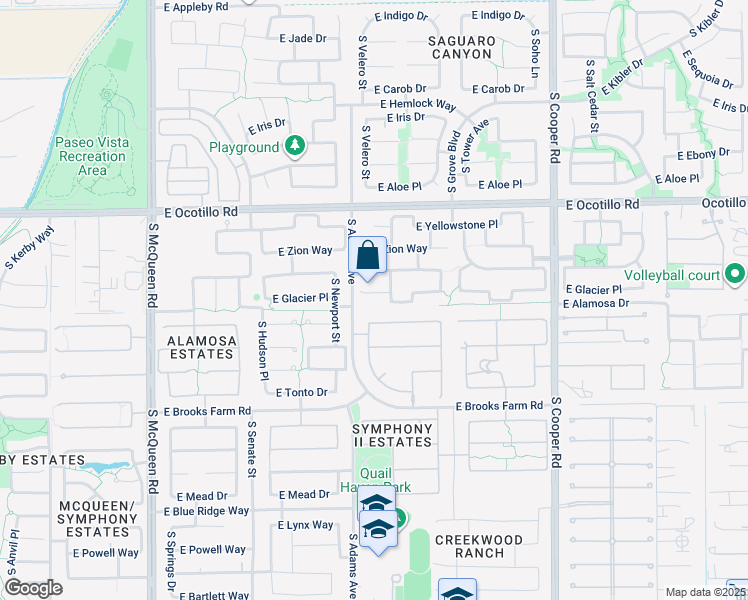 map of restaurants, bars, coffee shops, grocery stores, and more near 1537 East Glacier Place in Chandler