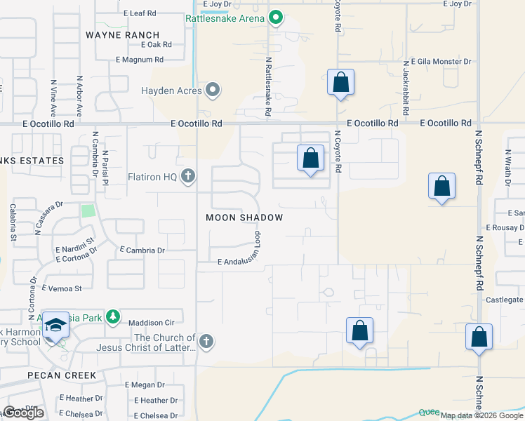map of restaurants, bars, coffee shops, grocery stores, and more near 2227 East Andalusian Loop in San Tan Valley