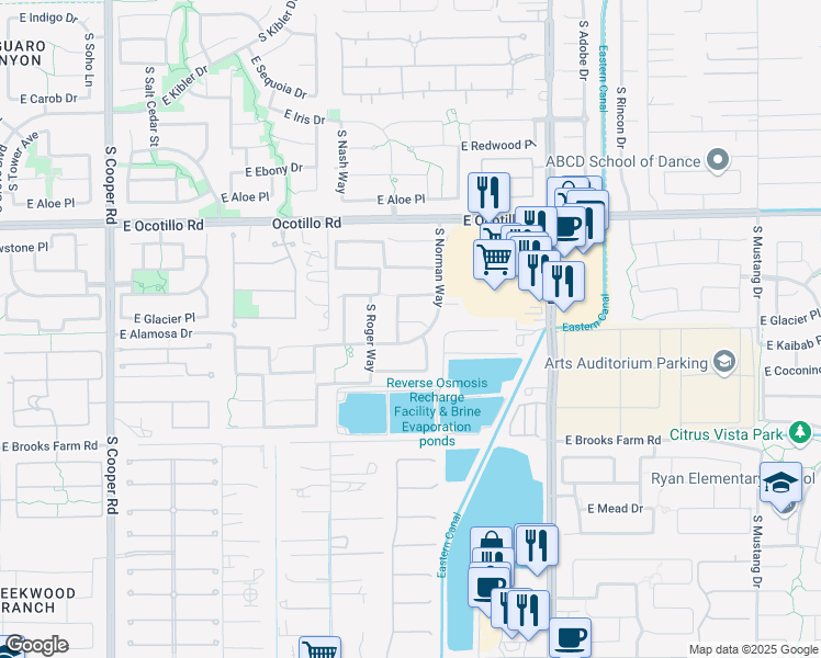 map of restaurants, bars, coffee shops, grocery stores, and more near 2707 East Glacier Place in Chandler