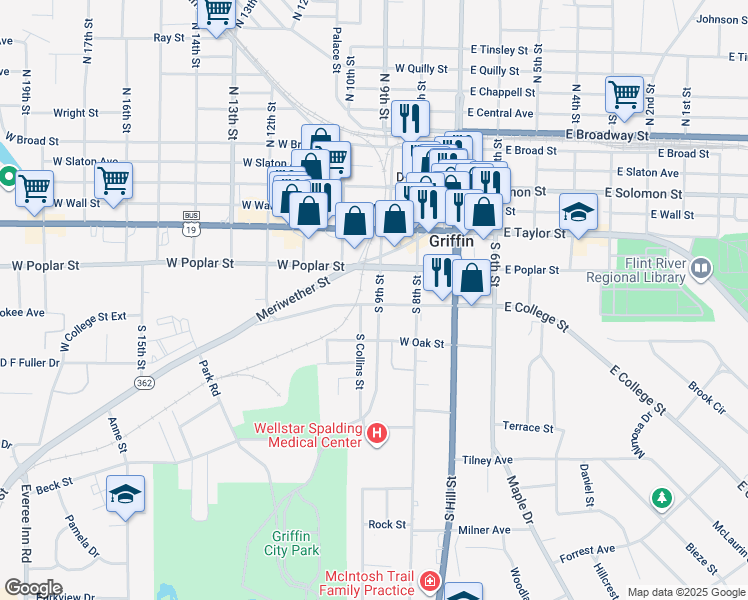 map of restaurants, bars, coffee shops, grocery stores, and more near 333 South 9th Street in Griffin
