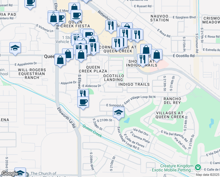 map of restaurants, bars, coffee shops, grocery stores, and more near 21019 East Aldecoa Drive in Queen Creek