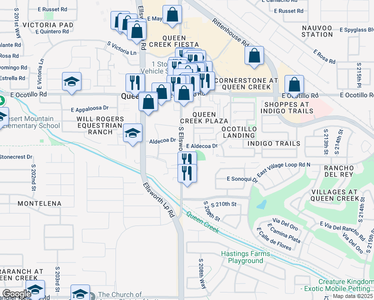map of restaurants, bars, coffee shops, grocery stores, and more near 22407 South Ellsworth Road in Queen Creek